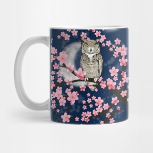 Great horned owl in a blossom tree Mug